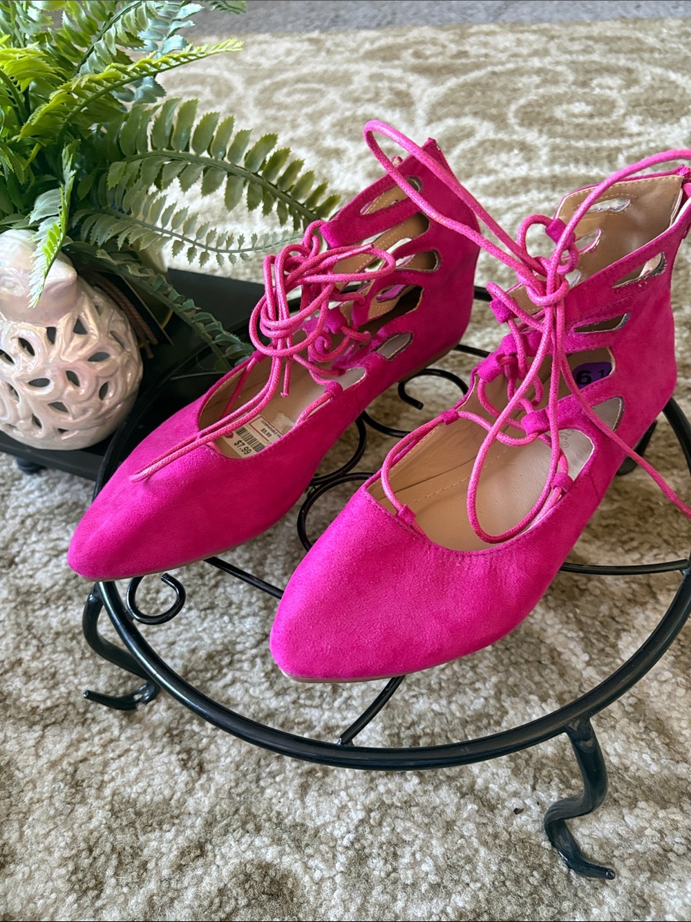 Charles Jourdan Hot Pink Lace-Up Pointed Toe Flats